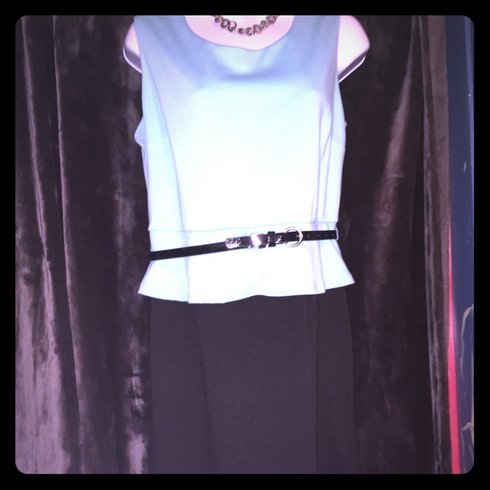 Two tone dress w slim belt.  Blue and black